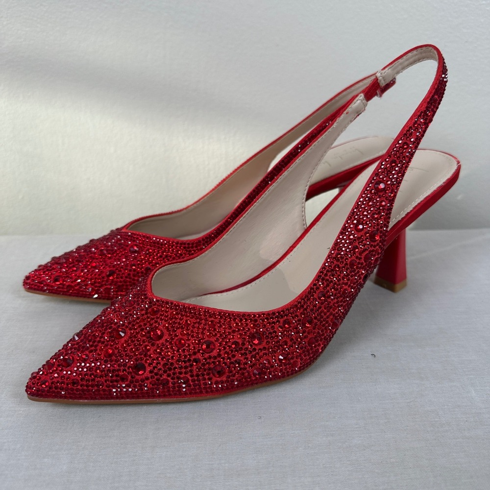 Nicole‎ Miller Women's 9 Scoutie Slingback Pump Red Bling Crystal Satin Heels